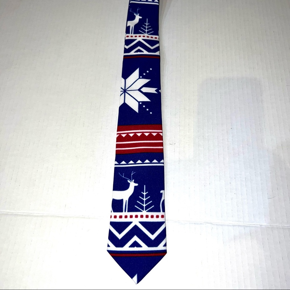 OppoSuits Christmas Trees Reindeer Snowflake Blue Red White Polyester Neck Tie